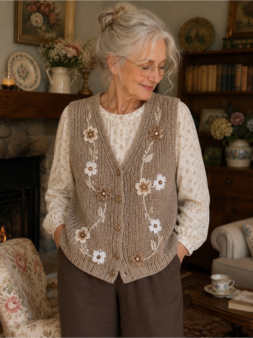 Vintage Cleo Knit Button-Front Vest with Florals - M